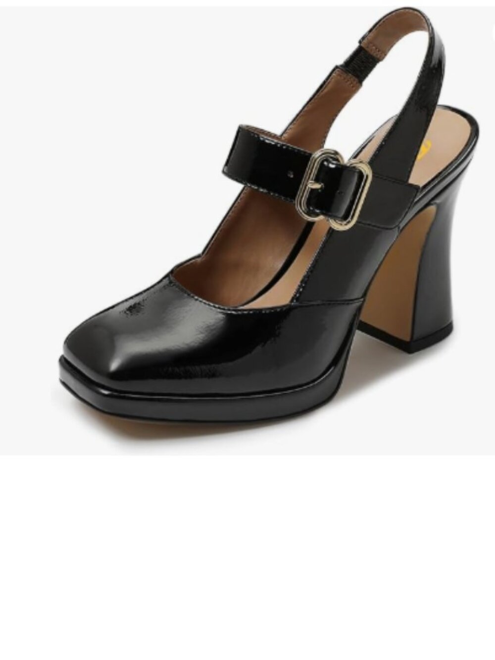FYS Black Platform Square Toe Pumps Block High Heel Mary Janes Slingback Shoes